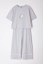 Trendyol Curve Grey Printed Wide Leg Crop Boy Knitted Pajama Set