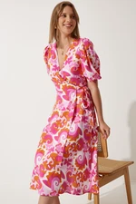 Happiness İstanbul Women's Pink Orange Patterned Summer Wrap Viscose Dress