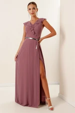 By Saygı Chiffon Slit Long Dress with Flounce Collar and Belt