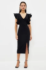 Trendyol Black Lined Ruffle Detailed Woven Elegant Evening Dress