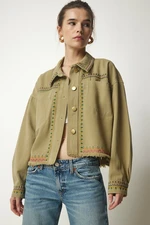 Happiness İstanbul Women's Khaki Embroidered Tasseled Oversize Denim Jacket