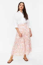 Trendyol Ecru Floral Pattern Pleated Woven Skirt with Elastic Waist