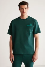 GRIMELANGE Cody Men's Regular Fit Special Texture Thick Fabric Front Embroidered and Printed Organic Cotton Green T-shirt