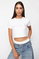 Trendyol White Bow Detailed Crop Short Sleeve Knitted T-Shirt