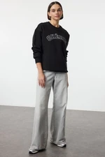 Trendyol Black Thick Polar Fleece Oversize/Relaxed Cut Slogan Embroidered Knitted Sweatshirt