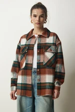 Happiness İstanbul Women's Brown Green Lumberjack Stamp Shirt Jacket