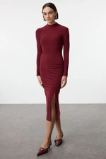 Trendyol Burgundy Drape Detailed Slit High Collar Fitted Flexible Midi Knitted Dress