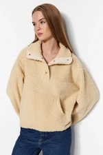 Trendyol Beige Plush Snap Detailed Knitted Sweatshirt with Kangaroo Pocket