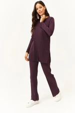 Olalook Women's Damson Top Slit Blouse Bottom Palazzo Ribbed Suit