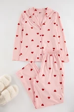 Trendyol Curve Pink Heart Shirt Collar Knitted Pajama Set