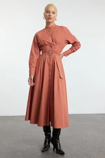 Trendyol Cinnamon Belt Pleat Detailed Woven Dress