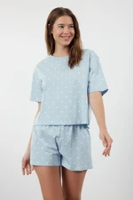 Trendyol Blue 100% Cotton Heart Patterned T-shirt-Shorts Knitted Pajama Set