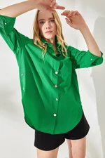 Olalook Women's Grass Green Oversized Woven Shirt with Buttons at the Sides