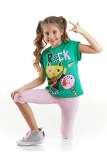 Mushi Rock Bros. Girls Kid's Green T-shirt, Pink Leggings for Summer Suit.