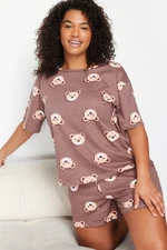 Trendyol Curve Brown Teddy Bear Printed Cotton Knitted Pajamas Set