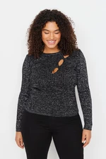 Trendyol Curve Black Glittery Crew Neck vystrihnutý detailný pletený sveter