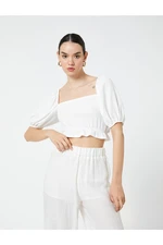 Koton Crop Blouse with Balloon Sleeves Square Collar Ruffled