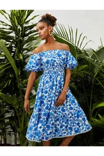 Koton Floral Midi Length Dress With Open Shoulders