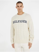 Krémový pánsky vlnený sveter Tommy Hilfiger Cable Monotype Crew Neck