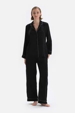 Dagi Black Lurex Stripe Detailed Satin Pajamas Set