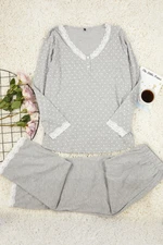 Trendyol Curve Gray Polka Dot Collar Lace Detailed Knitted Pajama Set