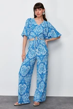 Trendyol Blue Printed V Neck Balloon Sleeve Relaxed Textured Flexible Blouse Trousers Knitted Bottom-Top Set