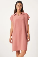 Happiness İstanbul Women's Dusty Rose Polo Neck Summer Loose Linen Ayrobin Dress