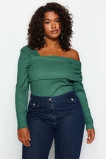 Trendyol Curve Emerald Green Asymmetrical Collar Plain Basic Wrap Knitted Blouse