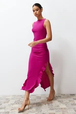 Trendyol Fuchsia Bodycone Zero Sleeve Slit Ruffle Detailed Stretchy Thick Sandy Maxi Pencil Dress