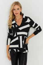 Cool & Sexy Women's White-Black Patterned Polo Neck Blouse