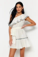 Trendyol Ecru Belted Mini Weave Stripe Accessoried One-Shoulder 100% Cotton Beach Dress