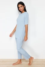 Trendyol Blue Ribbed Slit Detailed Knitted Pajama Set