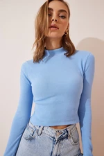 Happiness İstanbul Women's Sky Blue Corded Turtleneck Crop Knitted Blouse