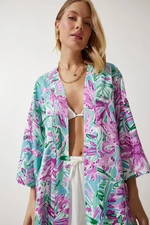 Happiness İstanbul Women's Green Pink Patterned Viscose Kimono