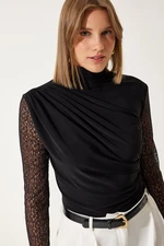 Happiness İstanbul Women's Black Lace Sleeve Gathered Knitted Blouse