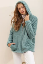 Trend Alaçatı Stili Women's Mint Hooded Zippered Front Double Pocket Oversized Plush Sweatshirt