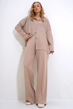 Trend Alaçatı Stili Women's Beige Oversize Shirt and High Waist Interlock Suit