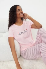 Trendyol Light Pink Slogan Printed Striped Knitted Pajama Set