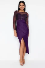 Trendyol Purple Sequin Tulle Knitted Long Stylish Evening Dress