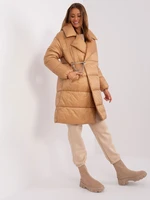 Camel winter quilted jacket with pockets