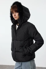 Trendyol Black Regular Fit Fur Detailed Hooded Puffer Jacket