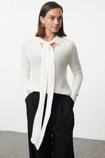 Trendyol Ecru Soft Texture Ribbon/Bow Loose Knit Sweater