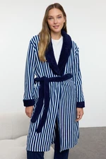 Trendyol Navy Blue Belted Striped Fleece Winter Knitted Dressing Gown