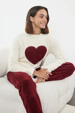 Trendyol Ecru-Burgundy Heart Wellsoft Knitted Pajama Set