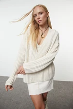 Trendyol Stone Wide Fit Deep V-Neck Detailed Knitwear Sweater