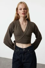 Trendyol Brown Soft Tie Detailed Long Sleeve Knitted Blouse