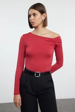 Trendyol Red Fitted Asymmetrical Collar Flexible Snap Fastener Knitted Bodysuit