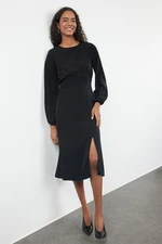 Trendyol Black Waist Opening Midi Balloon Sleeve Detailed Woven Dress