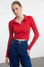 Trendyol Red Fitted Polo Neck Ribbed Stretchy Knitted Blouse