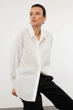 Trendyol Ecru Oversize Woven Wide Fit Shirt with Pearl Stone Detail on the Front